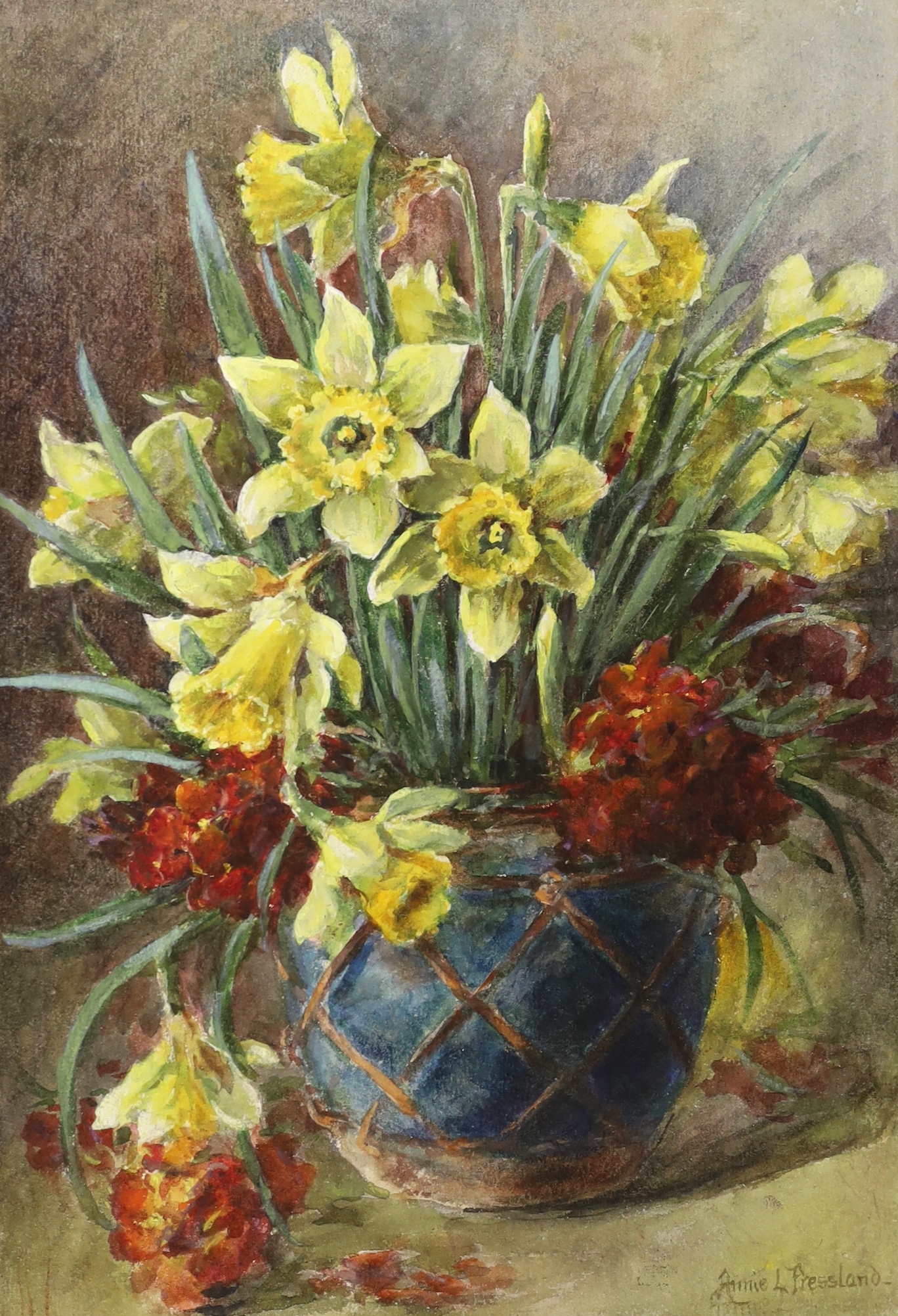 Annie Louise Pressland (1862-1933), pair of watercolours on card, Still life’s of flowers in vases, each signed, unframed, 24 x 34cm